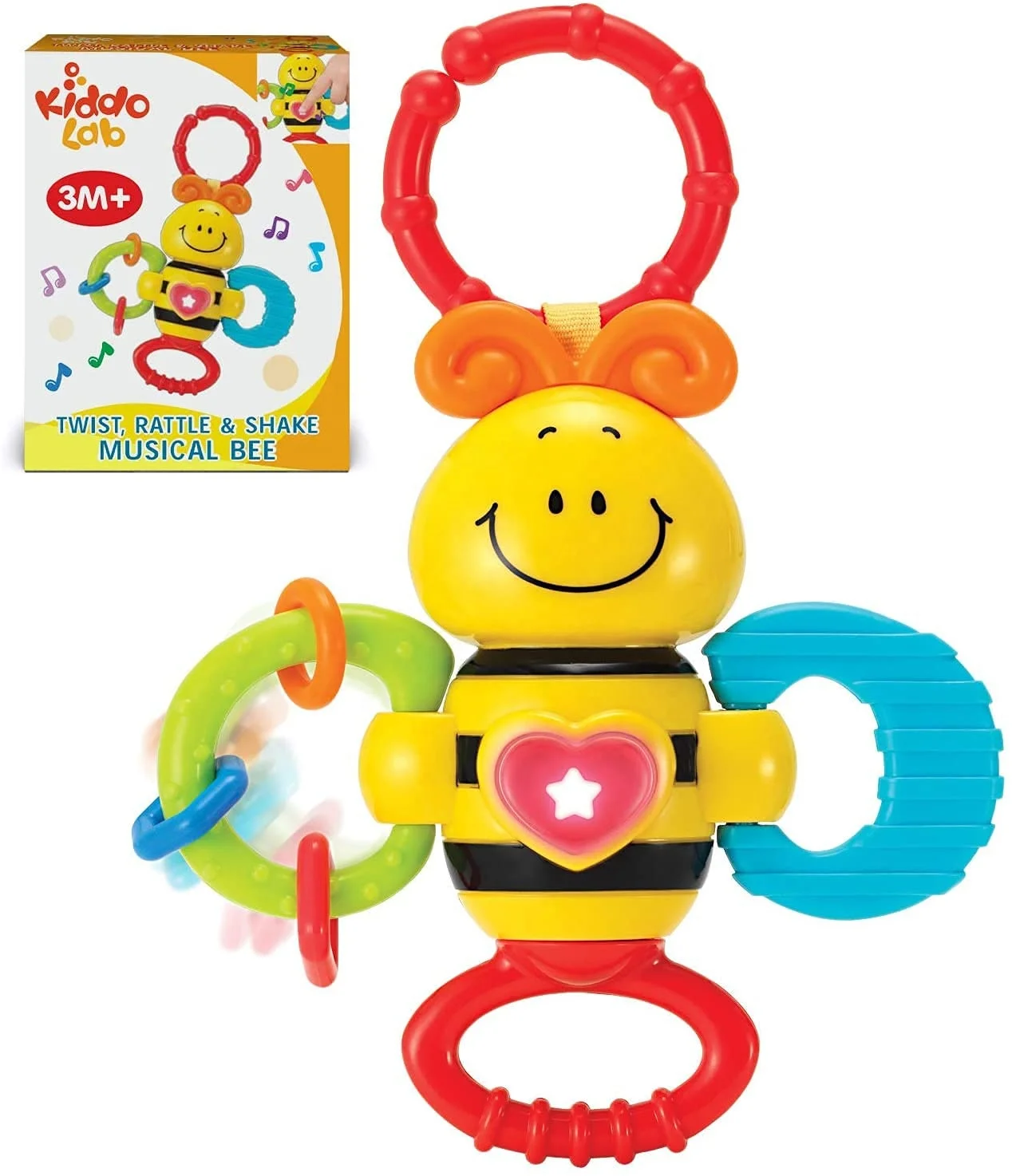 Twist and rattle musical bee teether with light-up sensory features