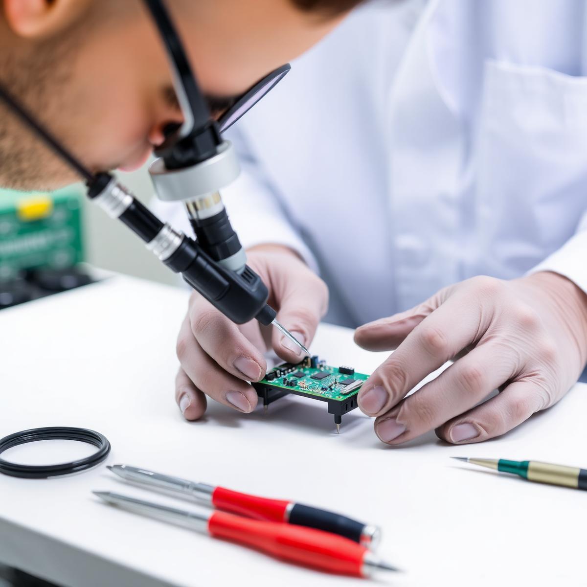 Quality control specialist inspecting a PCB under magnification