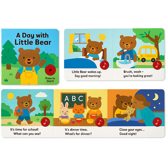 Open interactive sound book showing illustrated audio pages